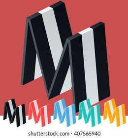 3D trendy and stylish  graphic vector stripped  alphabet. Optional different colors. Letter M