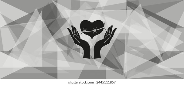 3D Triangle background with Celestial linocut hand. Trendy Geometrical background with Heart in Razor Wire in Grunge style. Vector illustration can used web banner poster. EPS 10