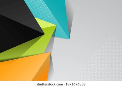 3D-Dreieck-farbige Formen auf grauem Hintergrund. 3d kristalline Formen. Modernes abstraktes Dreieck. Moderne hipster futuristische Grafik.Modernes Materialdesign. Decken Sie die Layoutvorlage.Vector EPS10.
