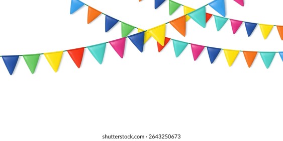 3D triangle flag party for birthday party banner. Fair string pennant bunting decoration to celebrate summer carnaval. 3D rendering. Vector illustration