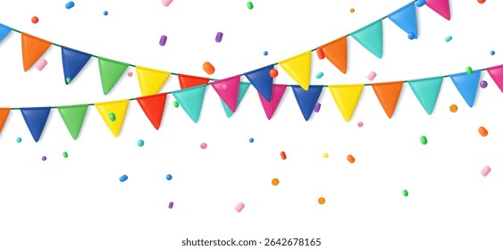 3D triangle flag party with confetti for birthday party banner. Fair string pennant bunting decoration to celebrate summer carnaval. 3D rendering. Vector illustration