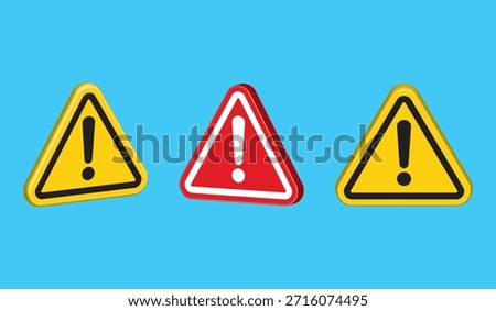 3D Triangle Hazard Warning Signs Set with Exclamation Marks isolated on a blue background. Danger Attention Icons, Safety Alert Symbols, Vector EPS 10 Illustration