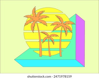 3d triangle with palm trees at sunset in 80s style. Retro futuristic sunset with palm trees in synthwave and retrowave style. Design for printed, banners and posters. Vector illustration