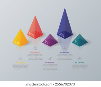 3D triangle prism chart infographic template with 5 icons. Pyramid design.