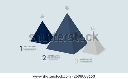3D triangle prism chart infographic template with 3 icons. Pyramid design.