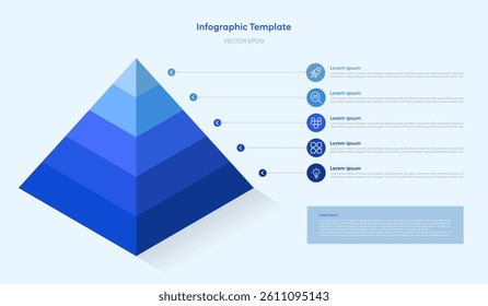 3D Triangle Pyramid Diagram Infographic Template with 5 Step Business Icons in Minimal Clean Blue Chart, Five Parts or Process for Successful Marketing Presentation or Startup Data Company Website