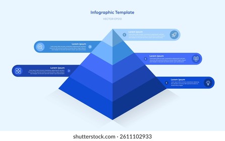 3D Triangle Pyramid Diagram Infographic Template with 5 Step Business Icons in Minimal Clean Blue Chart, Five Parts or Process for Successful Marketing Presentation or Startup Data Company Website
