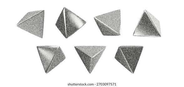 Formas de pirámide triangular 3D con textura de grano y estilo geométrico abstracto. Estos triángulos 3D y formas piramidales crean un efecto semitono arenoso con una geometría facetada nítida y un diseño minimalista moderno
