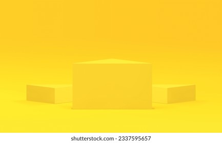 3d triangle three podium yellow geometric pedestal advertising promo platform realistic vector illustration. Bright triangular showcase light empty studio background for product presentation