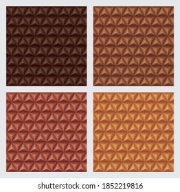 3d triangles pyramids, earth tone orange color backgrounds set. Geometric hexagons, diamonds shape, seamless patterns. Vector illustration.
