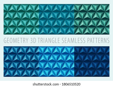 3d triangles pyramids sea color backgrounds. Geometric hexagons, diamonds shape, seamless patterns. Vector illustration.