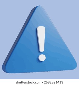 A 3D triangular warning sign with a vibrant blue surface features a prominent white exclamation mark in the center. 