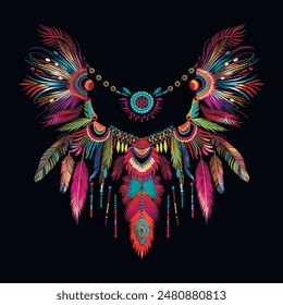 3d Tribal ethnic indian american style colorful embroidery necklace with birds feathers. Beautiful ornamental feathers necklace on black background. Vector decorative modern textured isolated design.