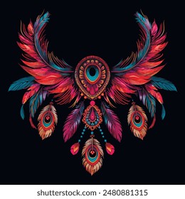 3d Tribal ethnic indian american style colorful embroidery necklace with peacock feathers. Beautiful ornamental feathers necklace on black background. Vector decorative modern textured isolated design