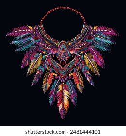 Collar de bordado colorido de estilo mexicano indoamericano étnico tribal 3d con plumas de pájaros. Hermoso collar de plumas ornamentales sobre fondo negro. Diseño de escote aislado con textura de Vector.