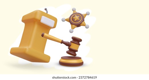 3D tribune with microphone, judges wooden gavel, metal star. Concept of speaking in court. Accusations and excuses. Speech of prosecutor, lawyer. Vector banner