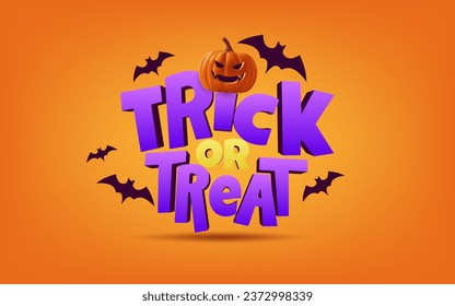 3D Trick or Treat lettering Halloween design. Pumpkin on the orange background and flying bats. Spooky and modern touch, ideal for posters, banners, and holiday decorations. Not AI generated.