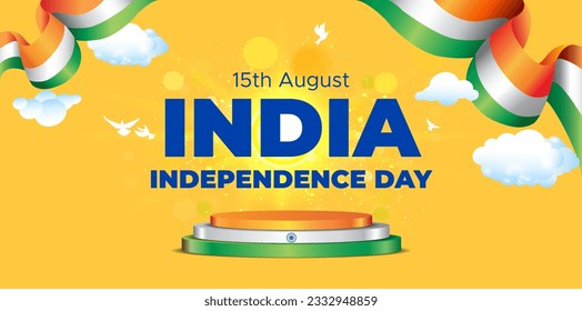 Podio 3D tricolor con fondo de bandera india. Concepto del Día de la Independencia de la India, 15 de agosto. Cartel publicitario, banner, diseño de tarjetas de felicitación.