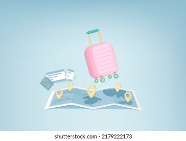 concepto de viaje en 3D, bolso de viaje, turismo, pasaportes, pasaje de embarque, mapa de pasajes. Fondo Pastel. Icono mínimo de dibujos animados. Ilustración vectorial