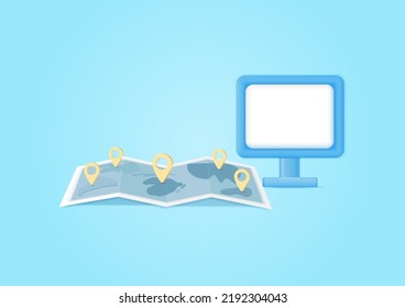 3D Trip Planning Travel Concept, Computer, Tourism, Pin Map. Pastel Background. Minimal Cartoon Icon. Vector Illustration