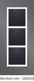 3d triple empty blank photo frame mockup vector illustration. Three photography with shadow transparent background. Realistic paper picture. Old vintage element. Image board. Album shot decoration.