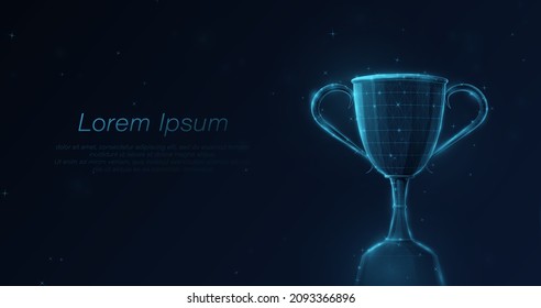 3d Trophy. Champions award, success, and winning concept. Low polygon line, triangles, and particle style design. geometric wireframe