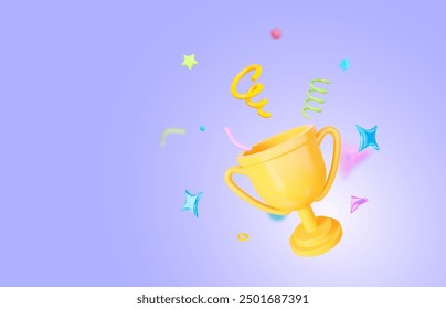 3d trophy cup and colorful party confetti on lilac isolated background. Surprise Banner. Stock vector illustration.	
