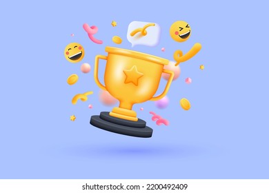 3D Trophy cup with floating chat box, emoji, ribbon and geometric shapes on purple background. Celebration, winner, champion and reward concept. 3d vector illustration svg