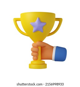 3d trophy cup in hand icon. Vector prize award illustration, isolated on white background