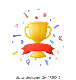 3D Trophy cup with ribbon and confetti celebration, First places winning prizes on ceremony cartoon style, winning cup symbol icon. 3d rendering. Vector illustration