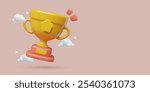 3D trophy cup with a star flying in clouds. Cute winner award background. First prize three dimensional vector banner design.