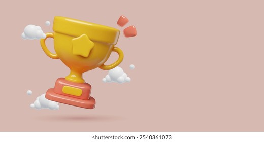 3D trophy cup with a star flying in clouds. Cute winner award background. First prize three dimensional vector banner design.