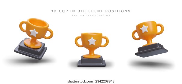 3D trophy cup with two handles on stand. Object in different positions. Gold award for winner. Symbol of achievement, victory. First place in competition. Set of vector images