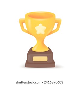 3D Trophy. Gold trophy with stars for congratulating winners in sports competitions. 3D Vector Illustration.