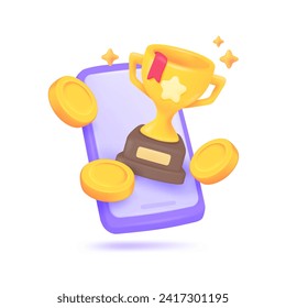 3D Trophy. Gold trophy with stars for congratulating winners in sports competitions. 3D Vector Illustration.