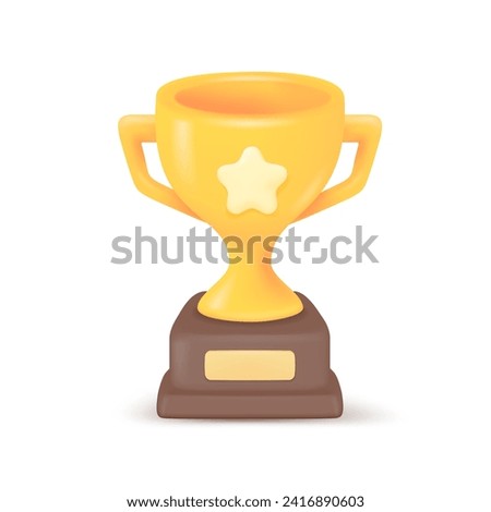 3D Trophy. Gold trophy with stars for congratulating winners in sports competitions. 3D Vector Illustration.