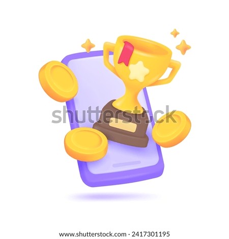3D Trophy. Gold trophy with stars for congratulating winners in sports competitions. 3D Vector Illustration.