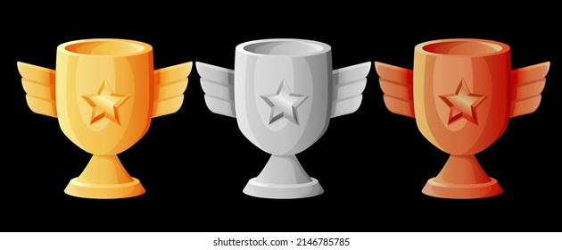 3d trophy set with gold, silver and bronze color stars, award medals for champion