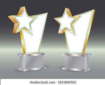 3d trophy star icon with blank space for logo company and title award. Vector editable isolated.