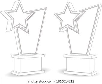 3d trophy star icon with blank space for logo company and title award. Vector editable sketch outline drawing coloring isolated.