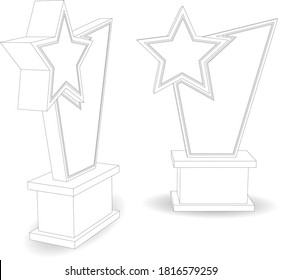 3d trophy star icon with blank space for logo company and title award. Vector editable sketch outline drawing coloring isolated.
