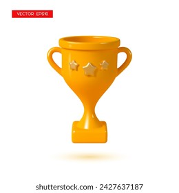 3d trophy yellow cup with gold stars isolated on white background. 3d render vector illustration