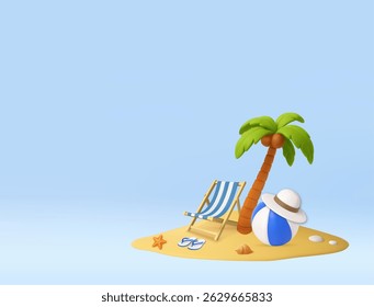 3D tropical beach with palm tree, deck chair, beach ball, and summer accessories on sand. Summer vacation and air travel concept. 3d rendering. Vector illustration