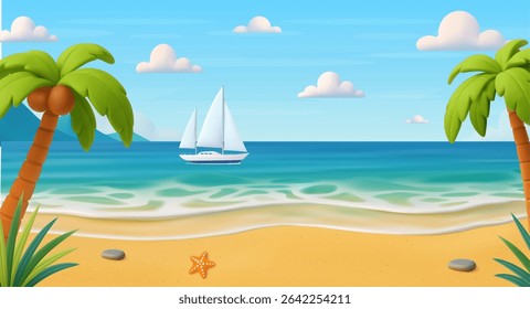 3d tropical beach with palm trees, ocean waves, and a white sailboat on a sunny day. Tropical landscape. Vector illustration