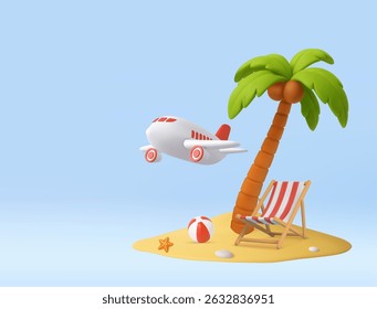 3D tropical beach scene with a flying airplane, palm tree, deck chair, and beach ball. Summer Vacation and Tourism Concepts. 3d rendering. Vector illustration