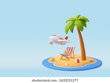 3D tropical beach scene with a flying airplane, palm tree, deck chair, and beach ball. Summer Vacation and Tourism Concepts. 3d rendering. Vector illustration