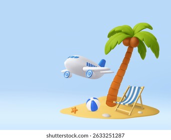 3D tropical beach scene with a flying airplane, palm tree, deck chair, and beach ball. Summer Vacation and Tourism Concepts. 3d rendering. Vector illustration