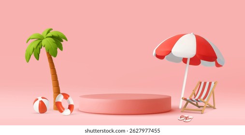 3D tropical beach setup featuring a palm tree, umbrella, deck chair, and summer props on a pink background. shopping summer sale concept. 3d rendering. Vector illustration