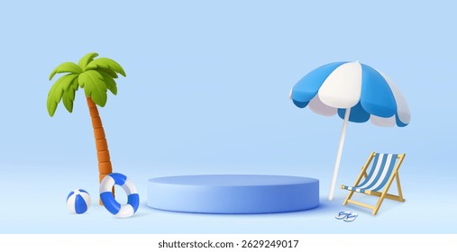 3D tropical beach setup featuring a palm tree, umbrella, deck chair, and summer props on a blue background. shopping summer sale concept. 3d rendering. Vector illustration