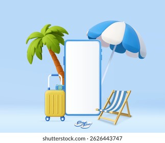 3D tropical beach travel essentials with blank smartphone screen, suitcase, palm tree, umbrella. Concept of vacation and tickets. Mockup copy space display. 3d rendering. Vector illustration